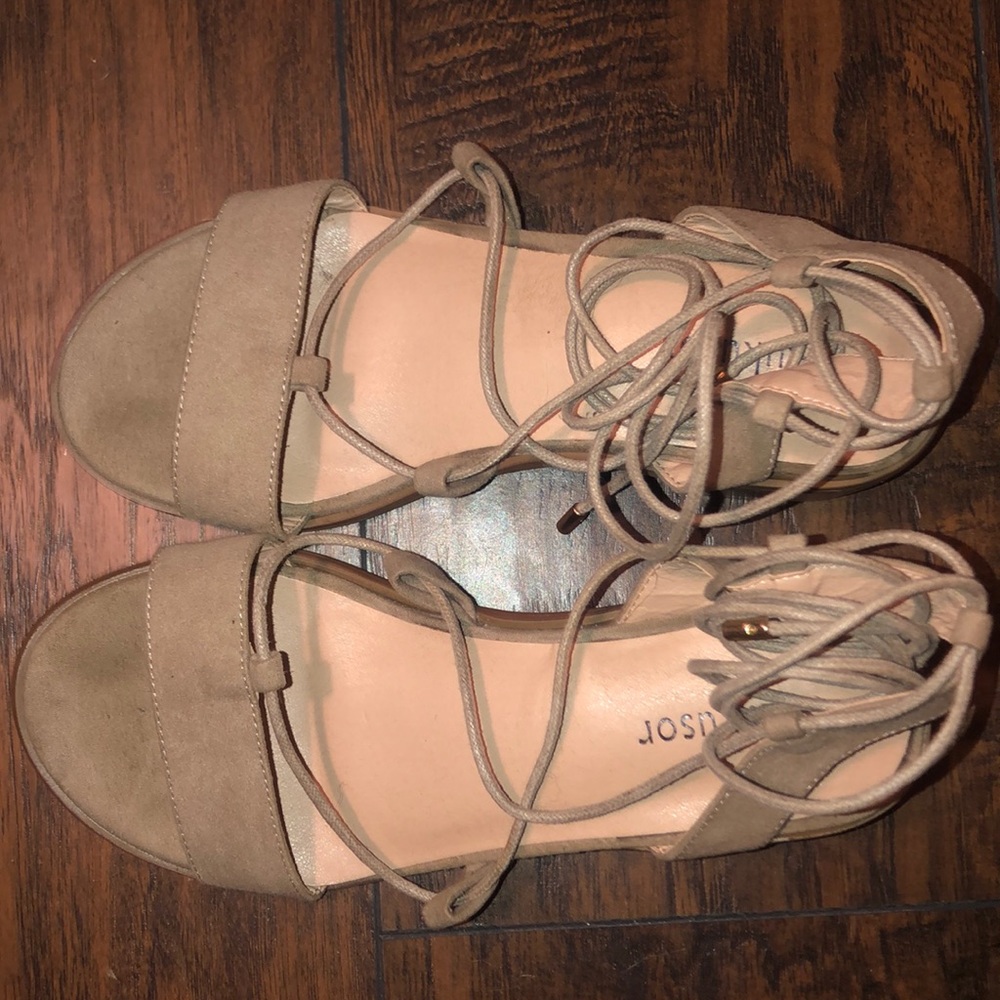 Tan, wedged, tie up sandals